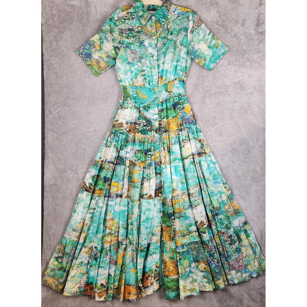 Vintage Collection Dress Womens S Teal Impressionist Floral Sequin Tiered Maxi